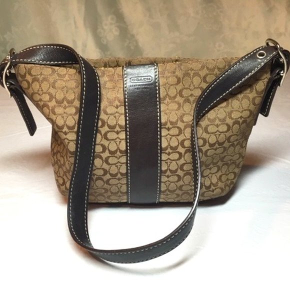 COACH Brown Signature C Fabric Small Leather Trim Shoulder Bag (8"x5") EUC - Picture 2 of 13